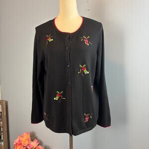 Christopher & Banks Christmas Sweater Cardigan Stockings Holly Black XL Granny
